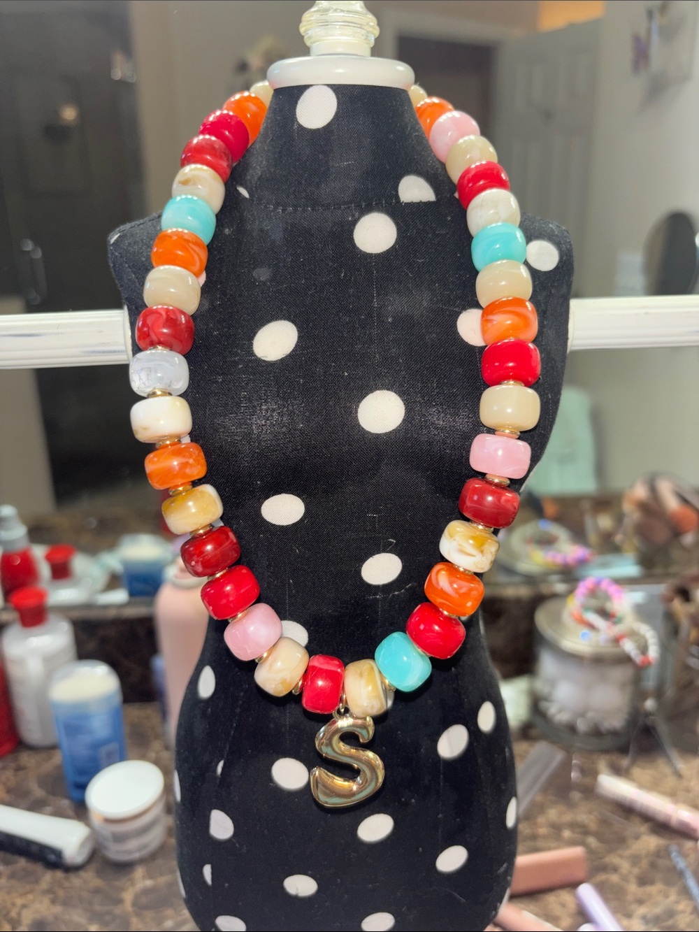 Source Unknown Multicolor Beaded Necklace with Gold 'S' Charm